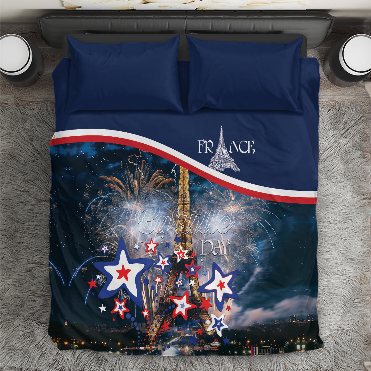 Blue duvet cover with red-white stripe band, stars, fireworks, and Eiffel Tower graphic