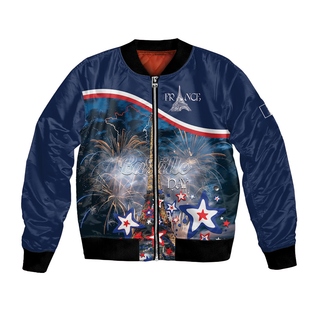 Blue satin bomber jacket with front zipper, Eiffel Tower fireworks graphic and stars