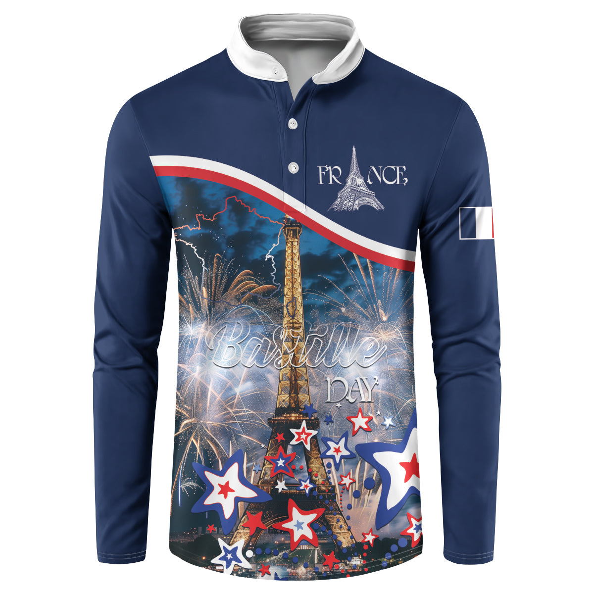 Blue long-sleeve button sweatshirt front print of France, Eiffel Tower, fireworks, stars