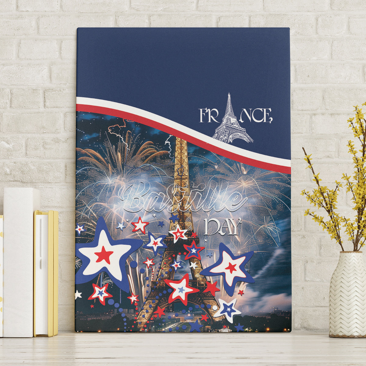 Blue Bastille Day canvas wall art with Eiffel Tower silhouette, fireworks, and red-white-blue stars
