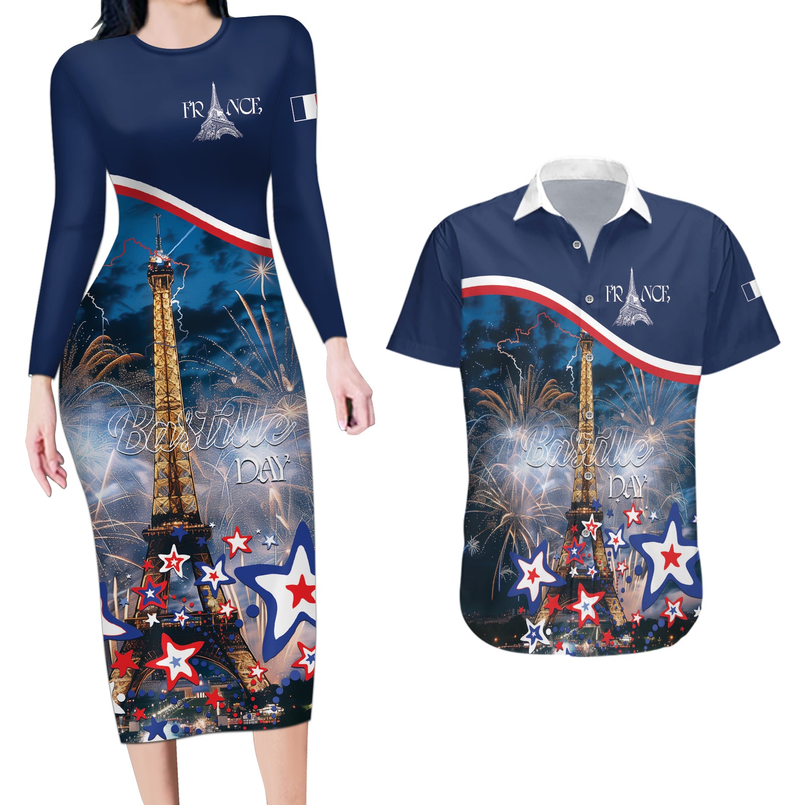 Personalized France Bastille Day Couples Matching Long Sleeve Bodycon Dress and Hawaiian Shirt Fete Nationale du 14 juillet - Wonder Print Shop