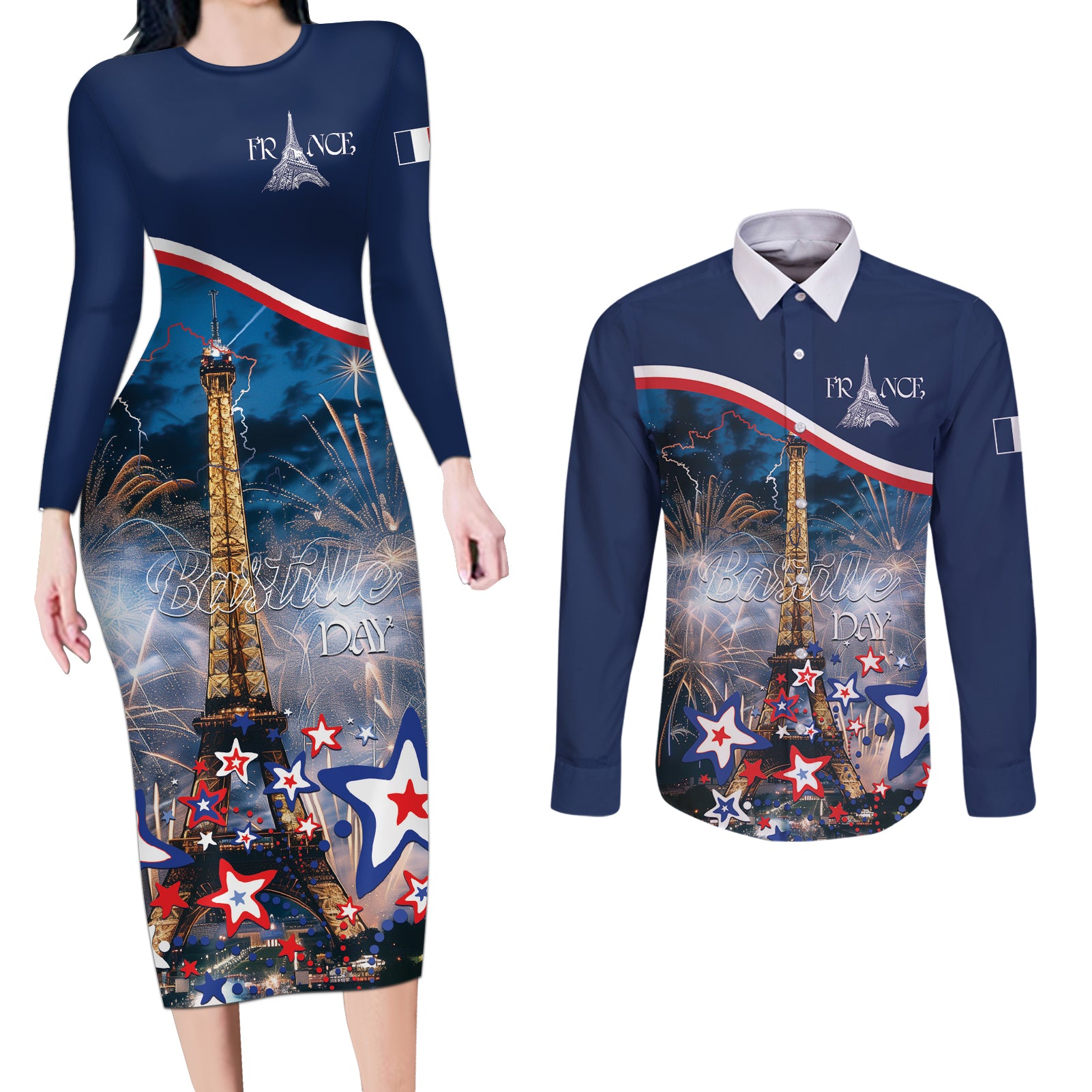 Personalized France Bastille Day Couples Matching Long Sleeve Bodycon Dress and Long Sleeve Button Shirt Fete Nationale du 14 juillet - Wonder Print Shop