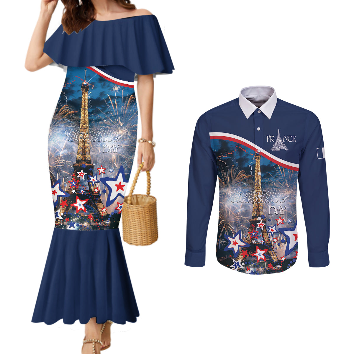 Personalized France Bastille Day Couples Matching Mermaid Dress and Long Sleeve Button Shirt Fete Nationale du 14 juillet