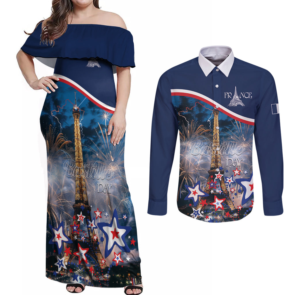 Personalized France Bastille Day Couples Matching Off Shoulder Maxi Dress and Long Sleeve Button Shirt Fete Nationale du 14 juillet - Wonder Print Shop