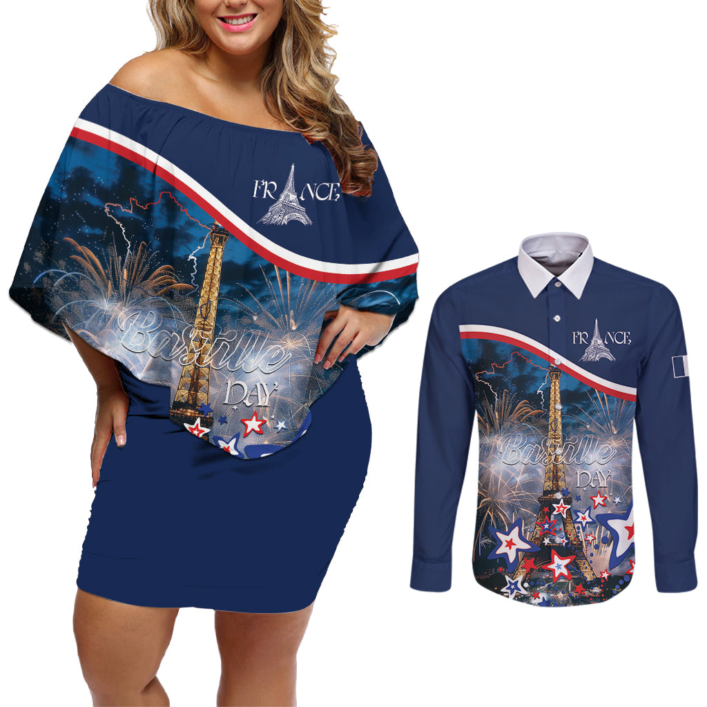 Personalized France Bastille Day Couples Matching Off Shoulder Short Dress and Long Sleeve Button Shirt Fete Nationale du 14 juillet - Wonder Print Shop