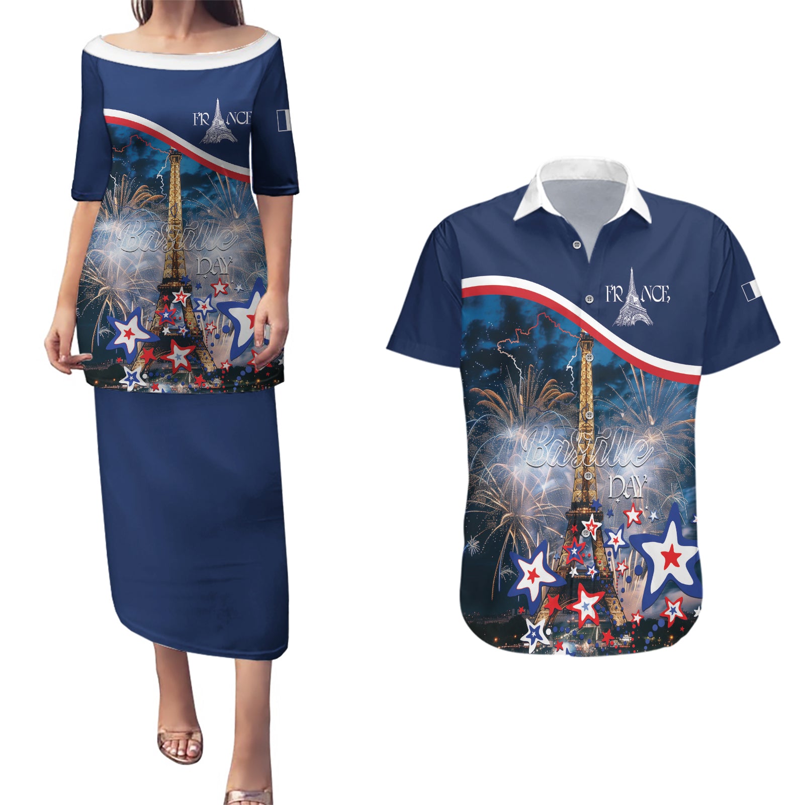 Personalized France Bastille Day Couples Matching Puletasi and Hawaiian Shirt Fete Nationale du 14 juillet - Wonder Print Shop