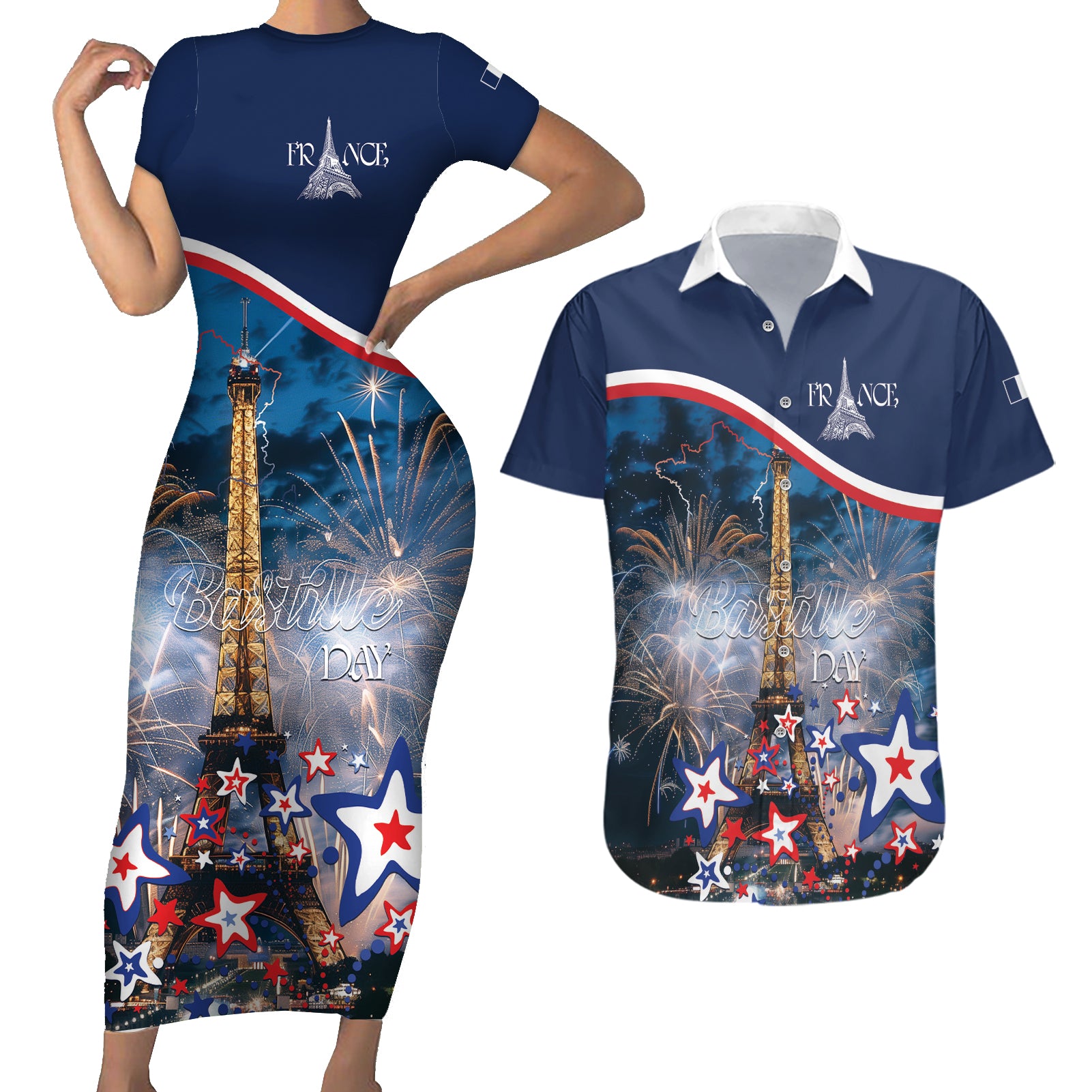 Personalized France Bastille Day Couples Matching Short Sleeve Bodycon Dress and Hawaiian Shirt Fete Nationale du 14 juillet - Wonder Print Shop