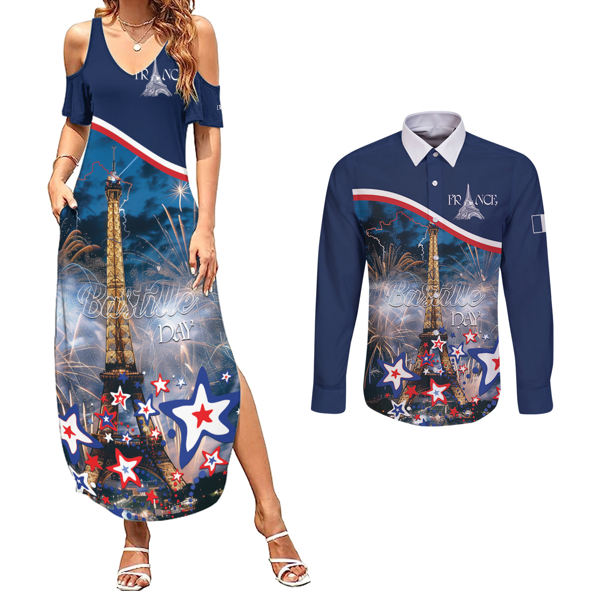 Personalized France Bastille Day Couples Matching Summer Maxi Dress and Long Sleeve Button Shirt Fete Nationale du 14 juillet - Wonder Print Shop