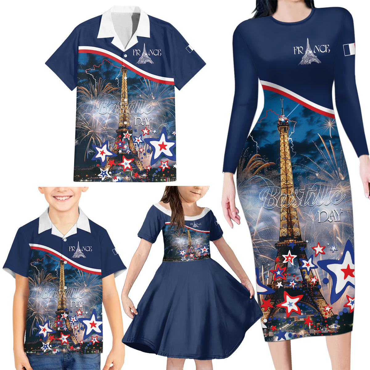 Personalized France Bastille Day Family Matching Long Sleeve Bodycon Dress and Hawaiian Shirt Fete Nationale du 14 juillet - Wonder Print Shop