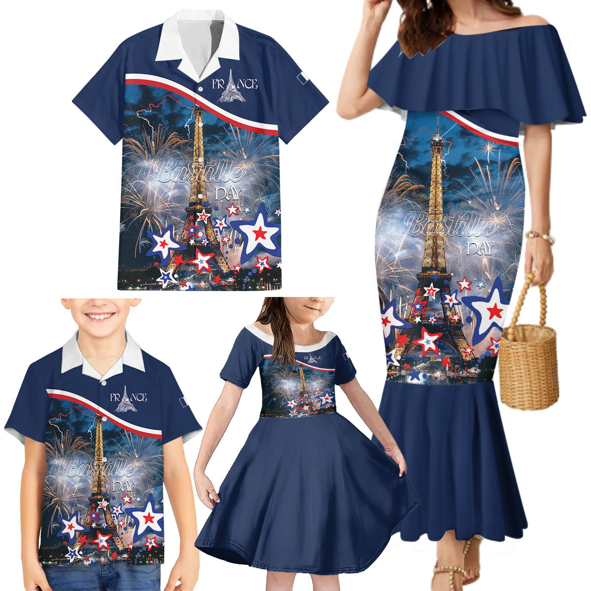 Personalized France Bastille Day Family Matching Mermaid Dress and Hawaiian Shirt Fete Nationale du 14 juillet - Wonder Print Shop