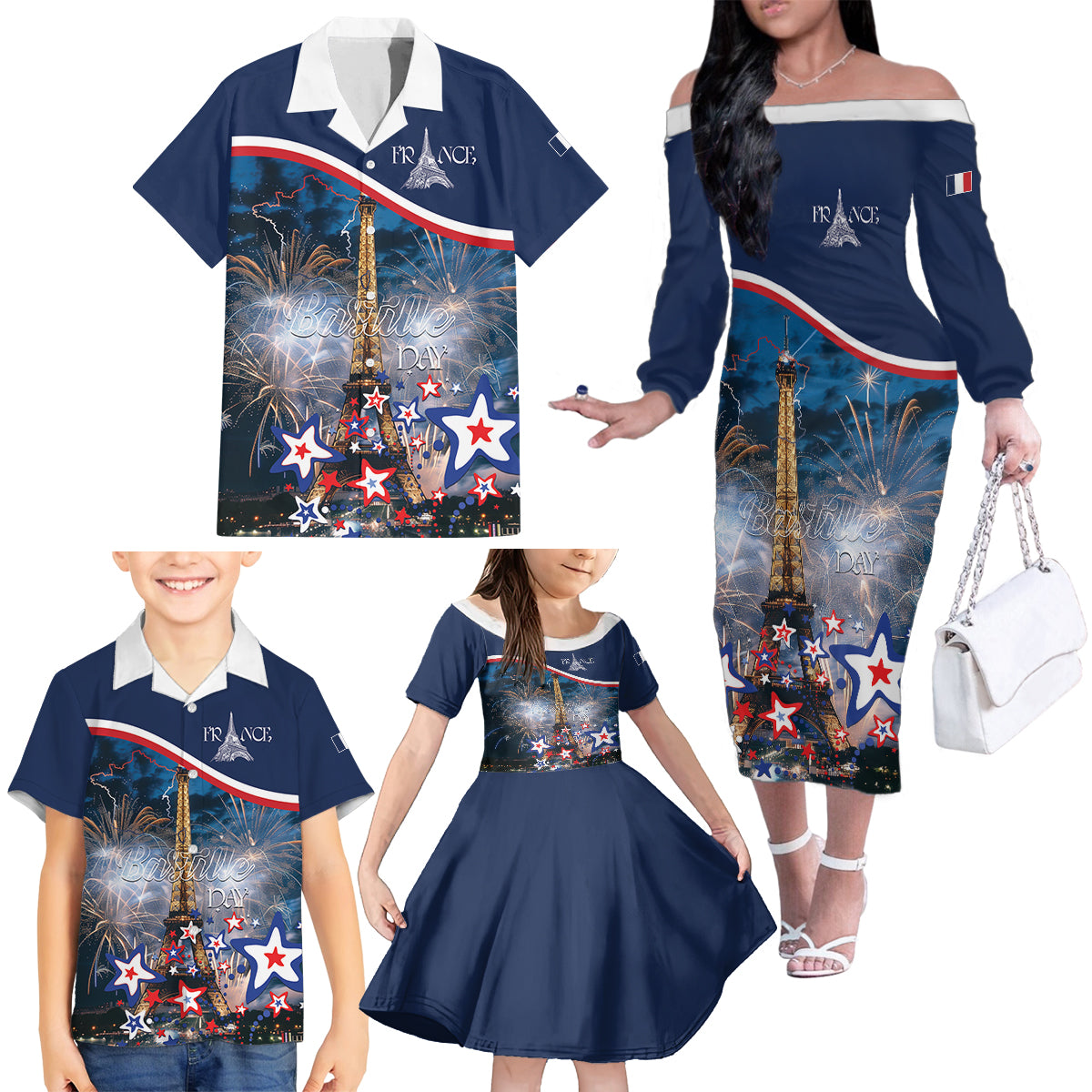 Personalized France Bastille Day Family Matching Off The Shoulder Long Sleeve Dress and Hawaiian Shirt Fete Nationale du 14 juillet - Wonder Print Shop