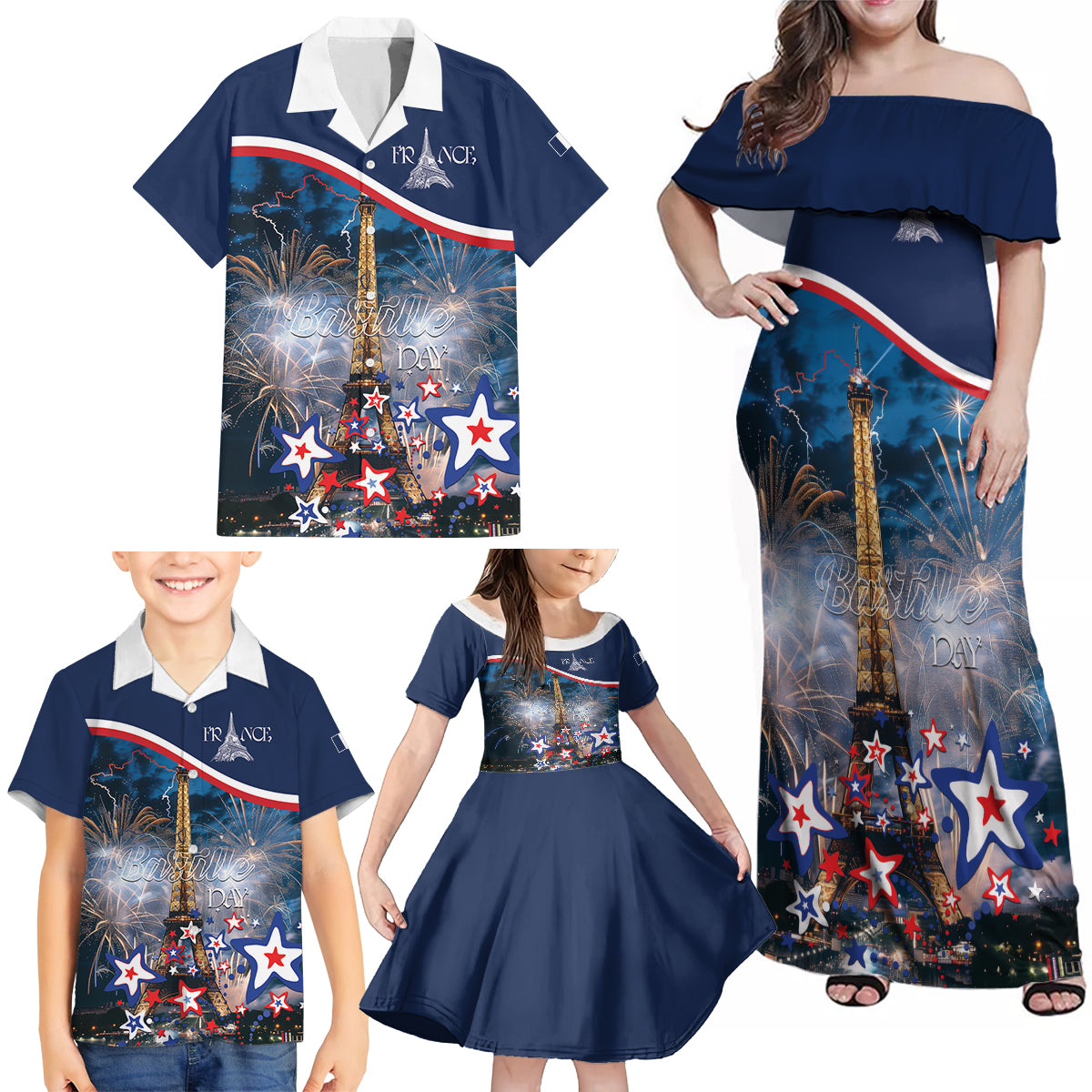 Personalized France Bastille Day Family Matching Off Shoulder Maxi Dress and Hawaiian Shirt Fete Nationale du 14 juillet - Wonder Print Shop