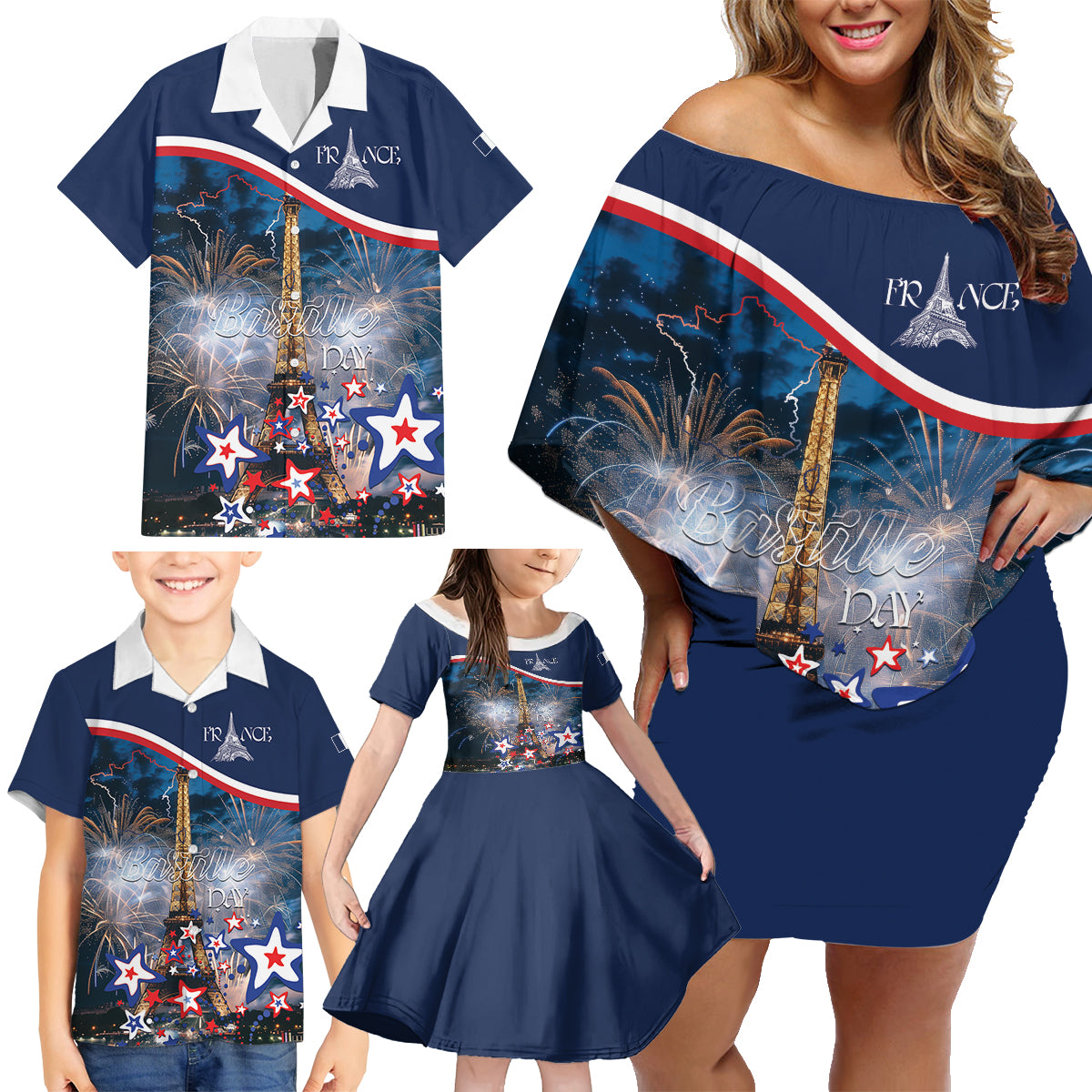 Personalized France Bastille Day Family Matching Off Shoulder Short Dress and Hawaiian Shirt Fete Nationale du 14 juillet - Wonder Print Shop