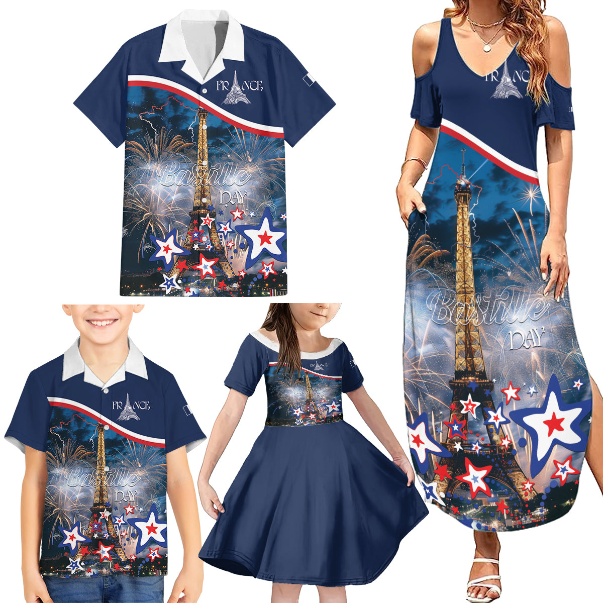 Personalized France Bastille Day Family Matching Summer Maxi Dress and Hawaiian Shirt Fete Nationale du 14 juillet - Wonder Print Shop