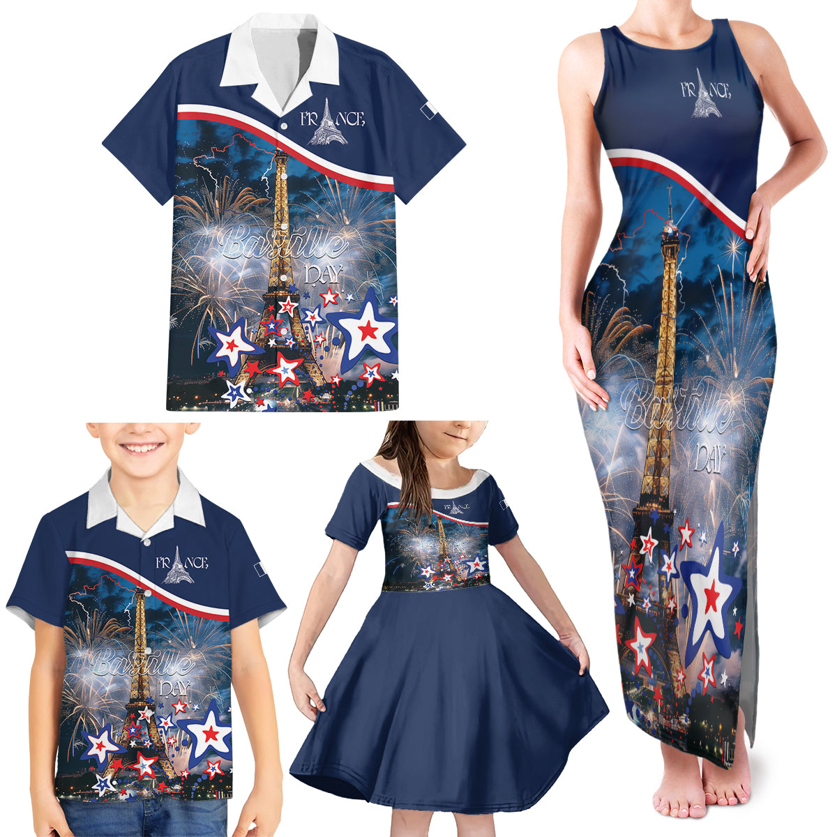 Personalized France Bastille Day Family Matching Tank Maxi Dress and Hawaiian Shirt Fete Nationale du 14 juillet - Wonder Print Shop