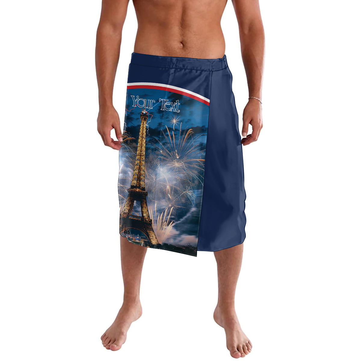Navy knee-length graphic swim shorts with Eiffel Tower fireworks print, front view