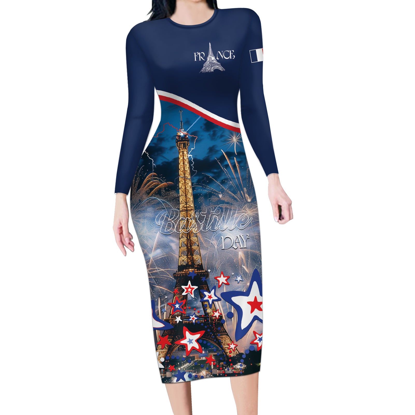 Personalized France Bastille Day Long Sleeve Bodycon Dress Fete Nationale du 14 juillet - Wonder Print Shop