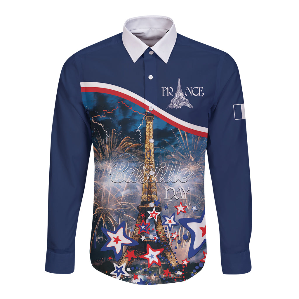 Blue long-sleeve button shirt, front Eiffel Tower stars graphic with France and Bastille Day.