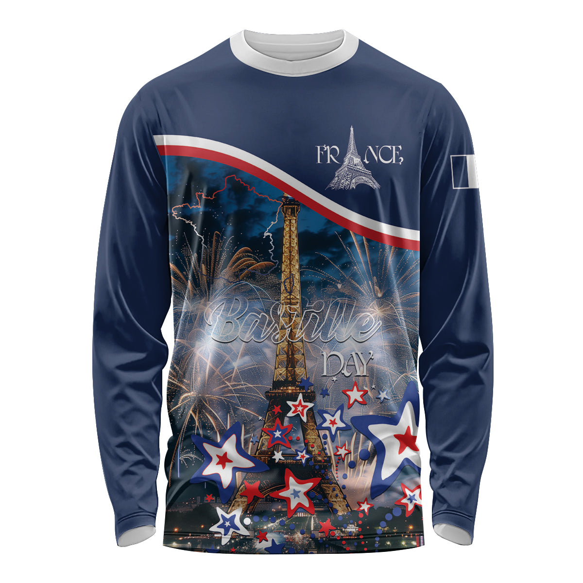 Navy long-sleeve shirt with Eiffel Tower, France text, fireworks and flag stripe graphic