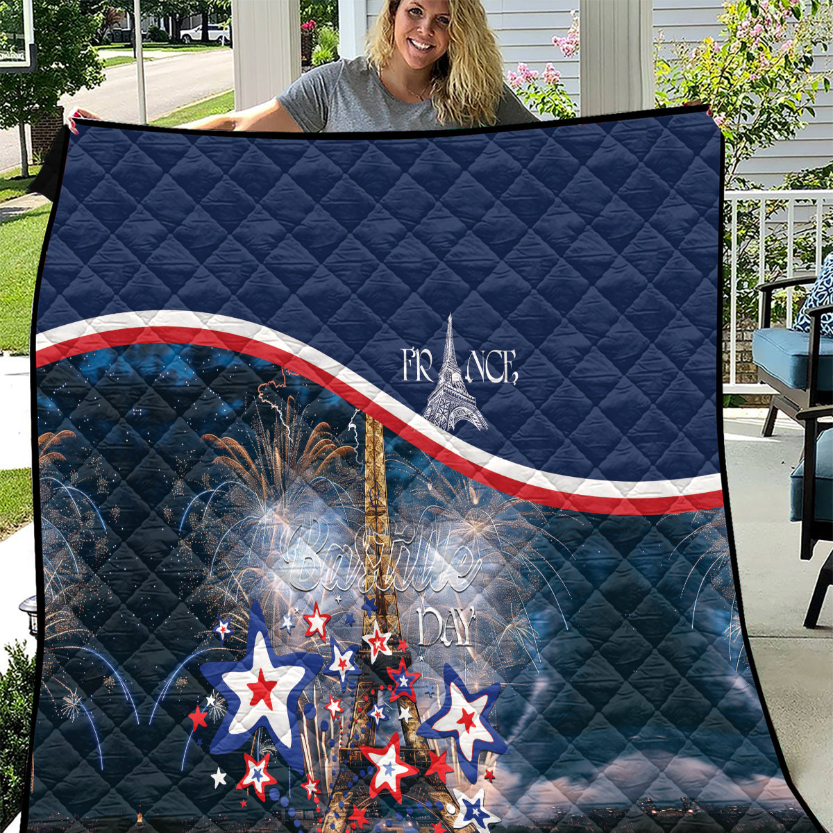 Navy blue quilt blanket with quilted pattern, France sash stripe, fireworks and stars