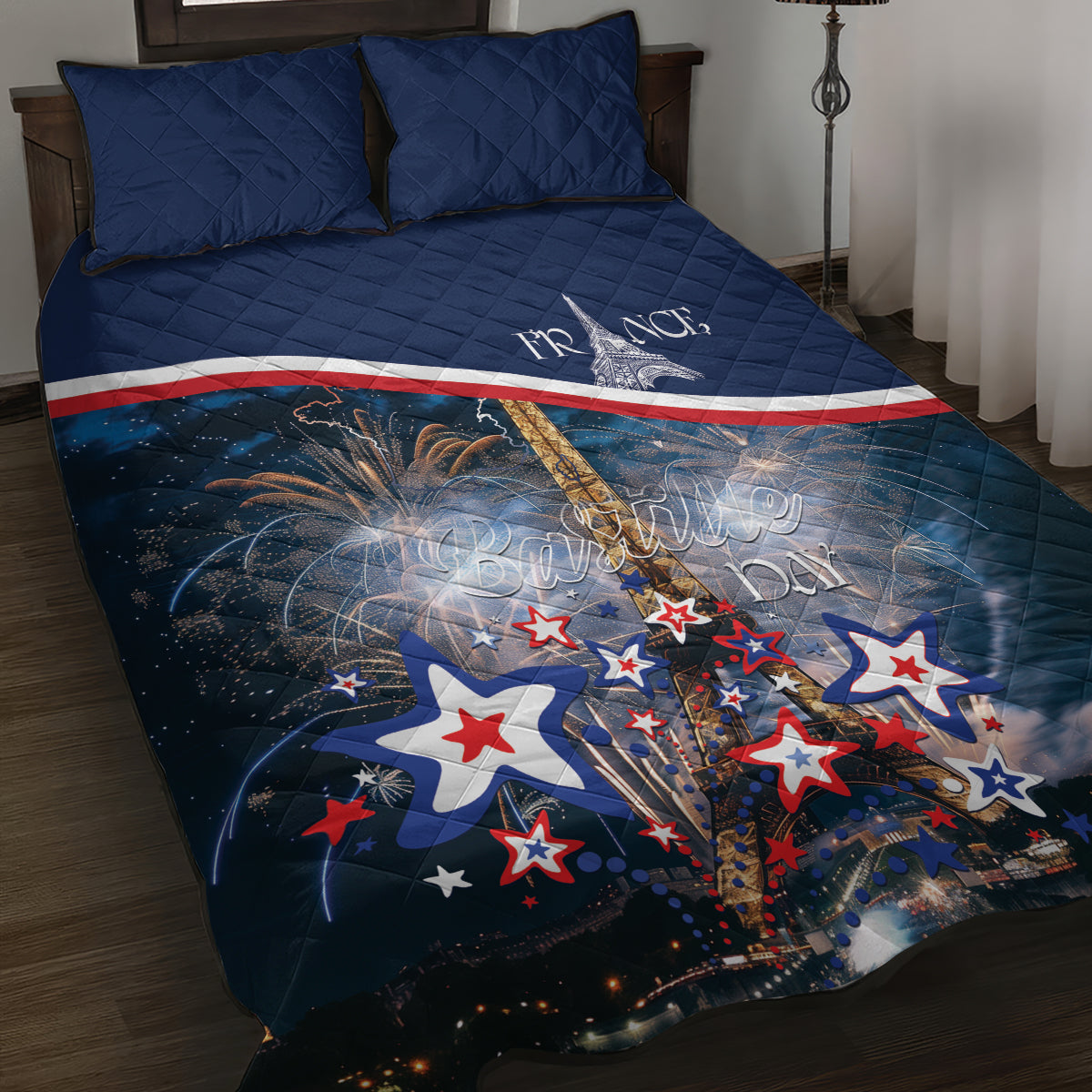 Blue quilt bed set with fireworks, Eiffel Tower, and star pattern across France flag stripe