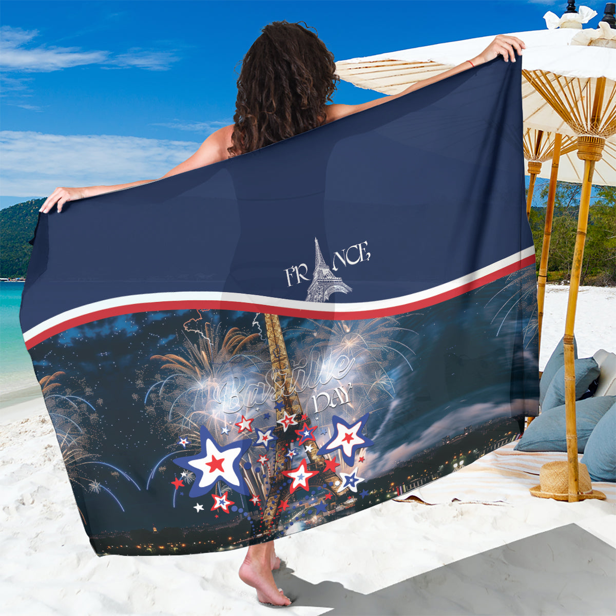 Blue sarong wrap with banner stripe and fireworks with stars across hem