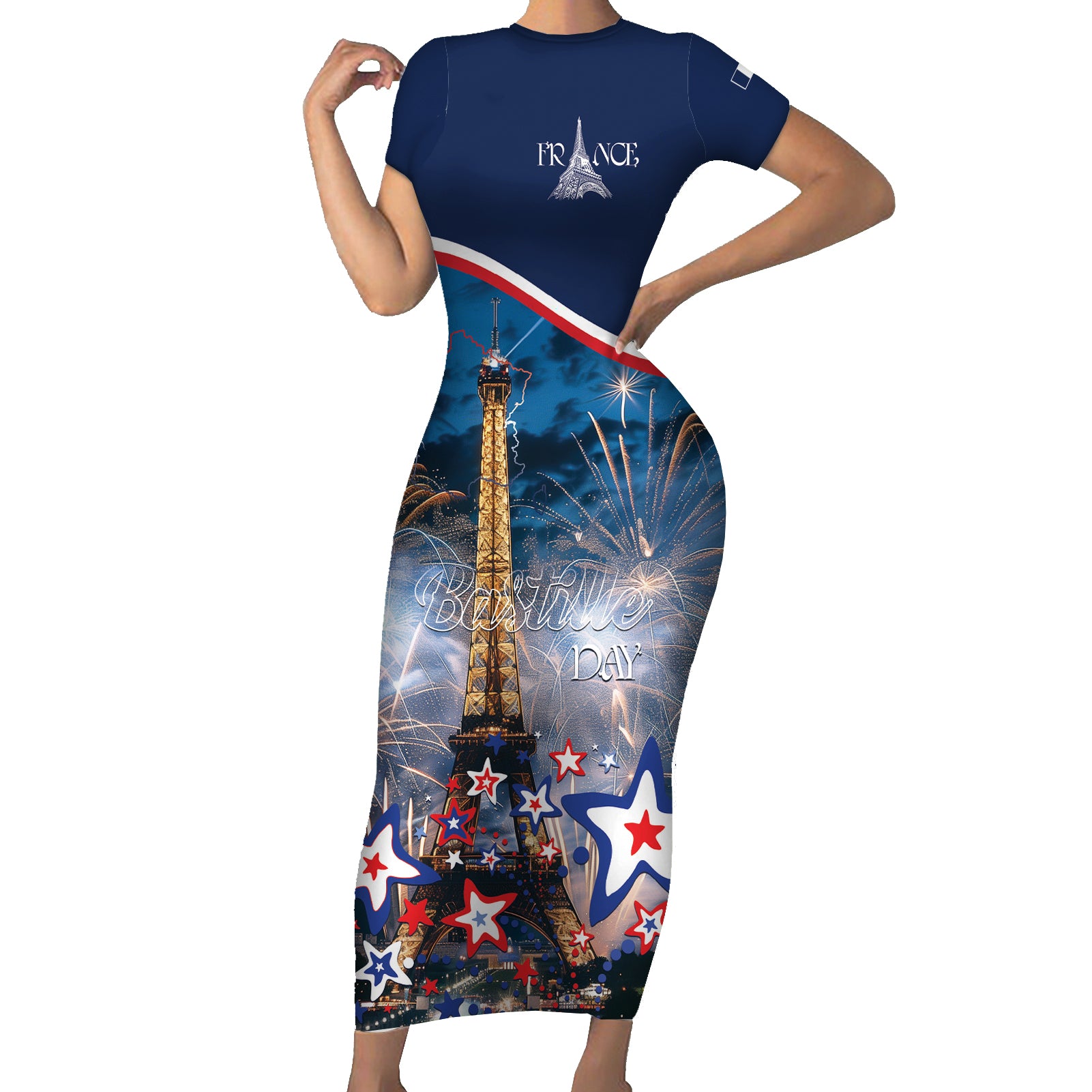 Personalized France Bastille Day Short Sleeve Bodycon Dress Fete Nationale du 14 juillet - Wonder Print Shop