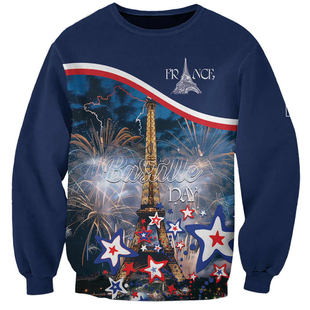 Blue sweatshirt with France and Bastille Day graphics, Eiffel Tower, fireworks, stars