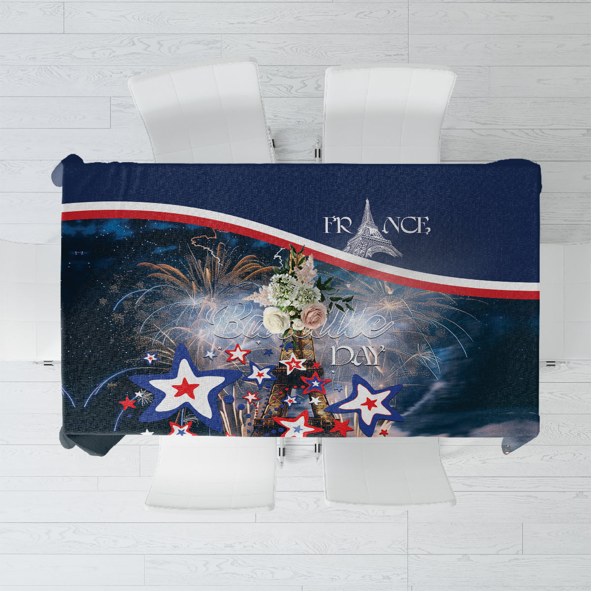 Blue France Bastille Day tablecloth with fireworks and red-white star design