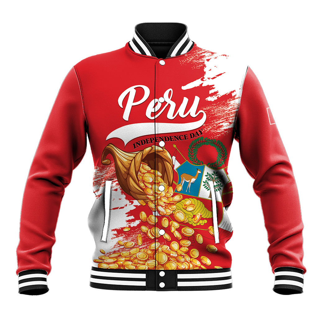 Red baseball jacket with striped rib collar and cuffs, front graphic featuring Peru-themed emblem