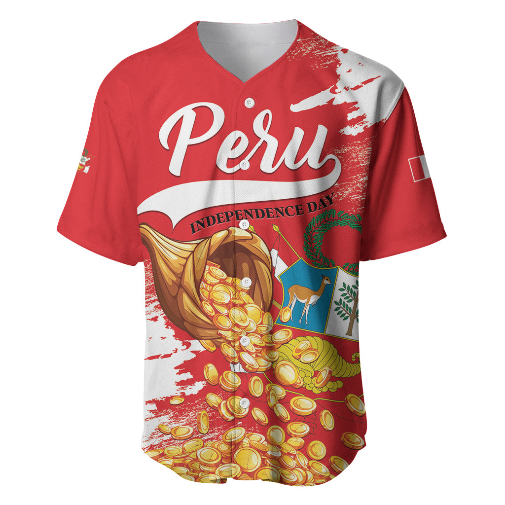 Red Peru baseball jersey with white splatter accents and Independence Day coin graphic
