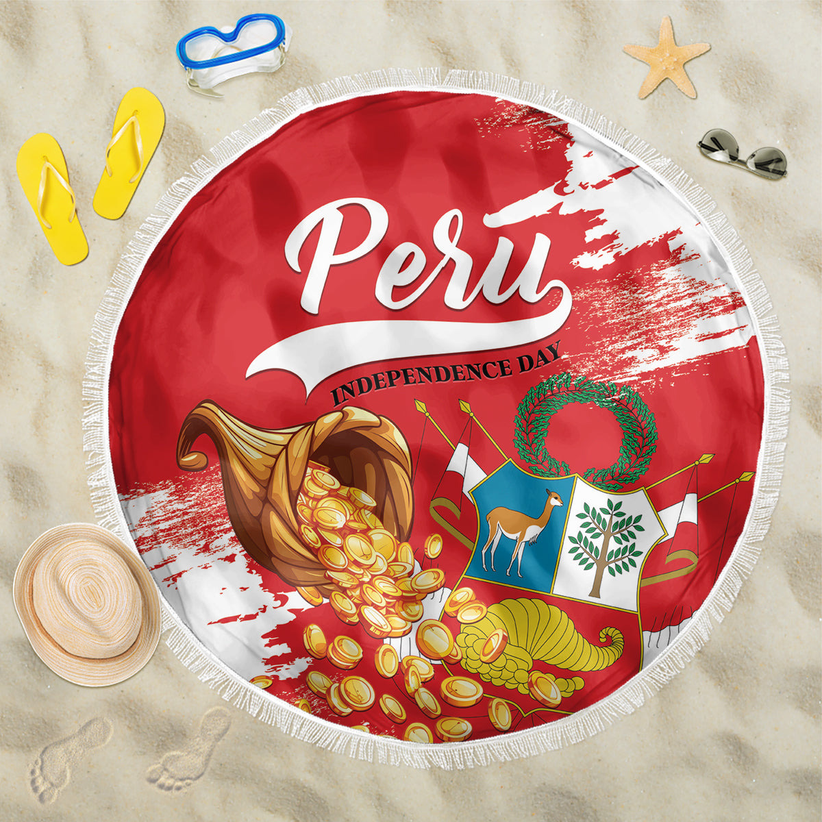 Red circular beach blanket with white fringe, Peru Independence Day design in center.