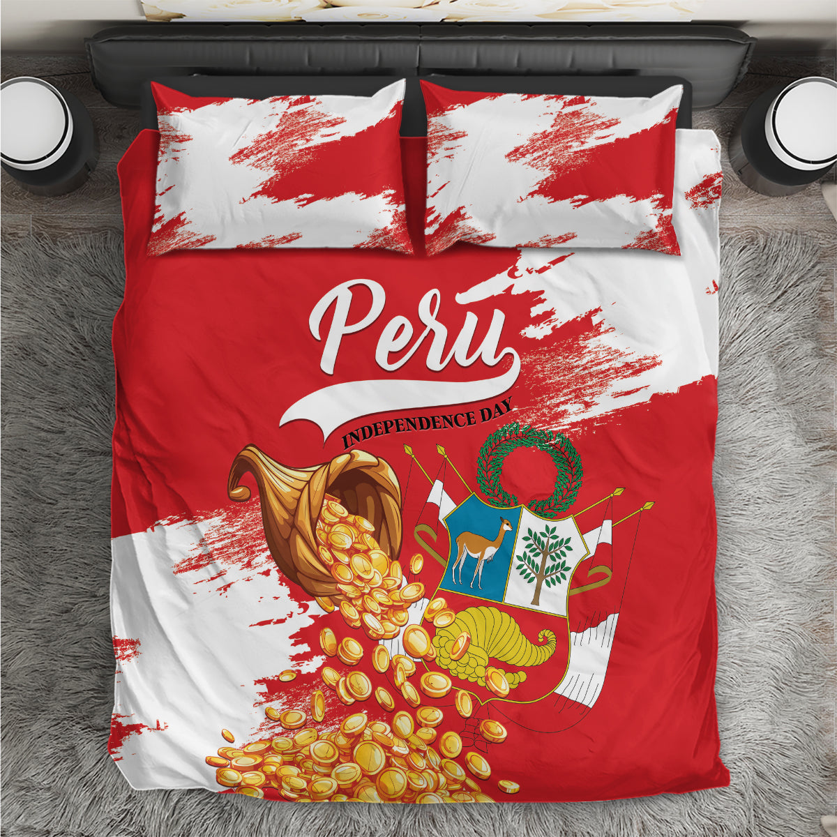 Red and white Independence Day bedding set with Peru script, coins, and flag graphic