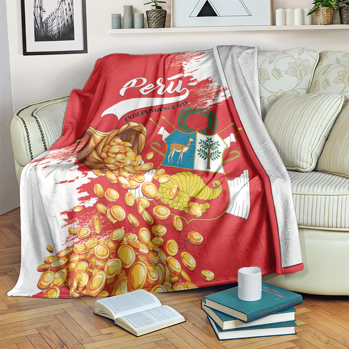 Peru independence day blanket draped over couch, red and white print with coins and llama