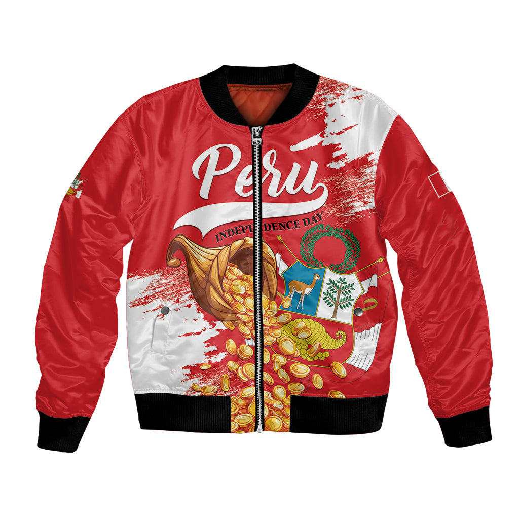 Red bomber jacket with Peru graphic, zip front, black ribbed collar and cuffs