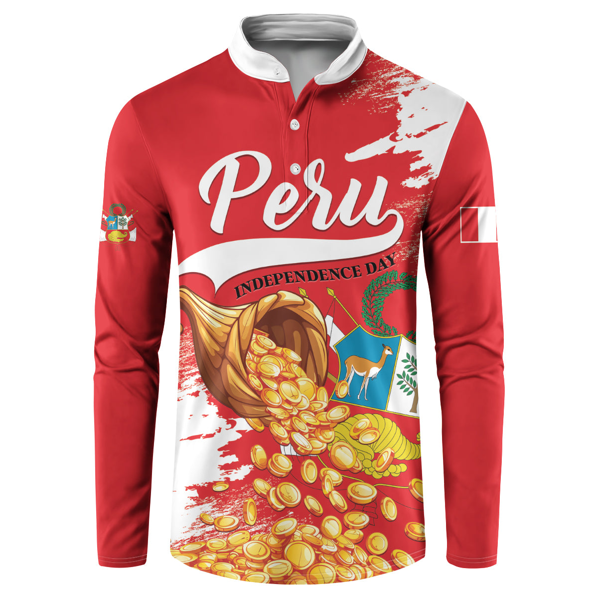Red button sweatshirt with white collar and bold Peru Independence Day graphic on front