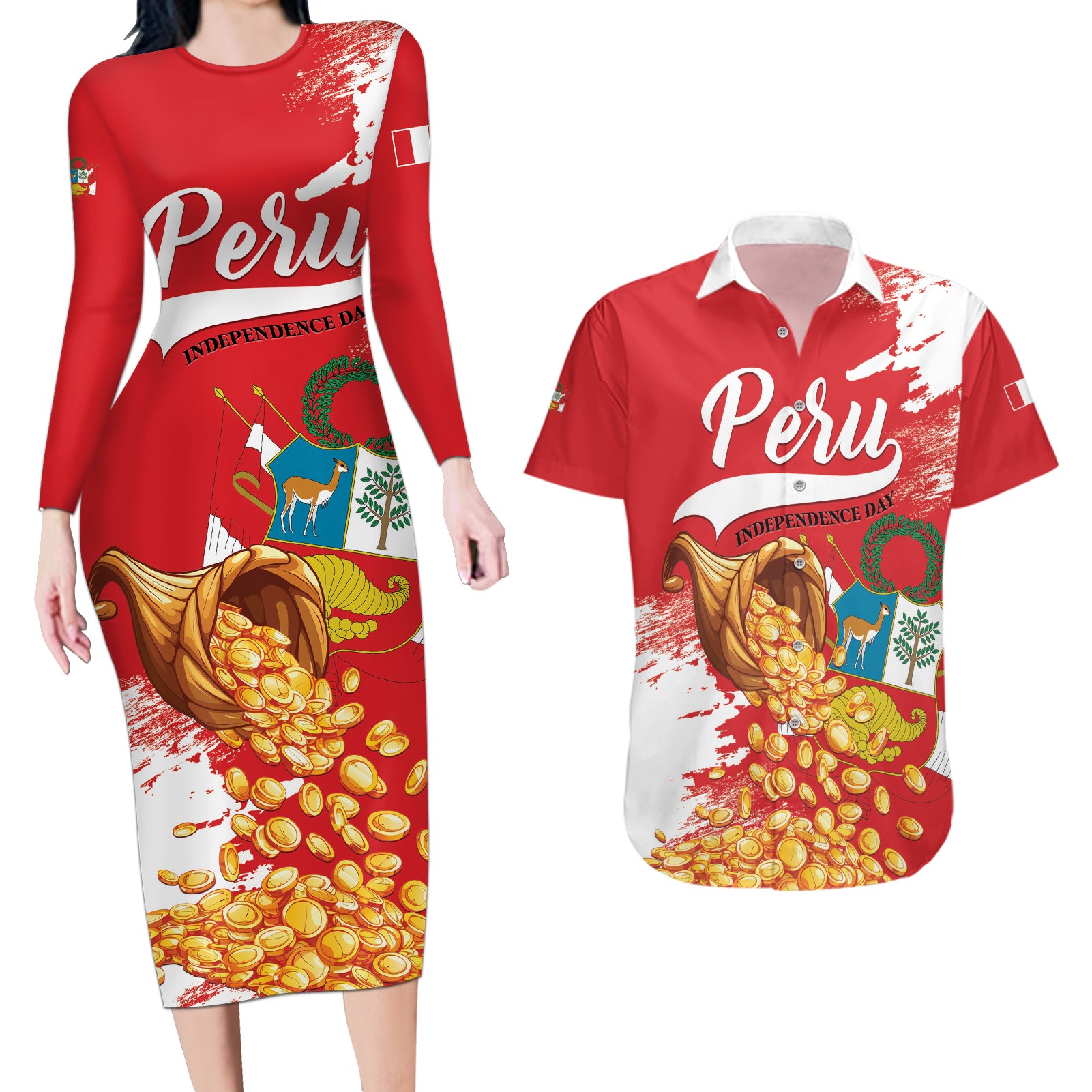 Peru Independence Day Couples Matching Long Sleeve Bodycon Dress and Hawaiian Shirt Feliz 28 de Julio Felices Fiestas Patrias - Wonder Print Shop