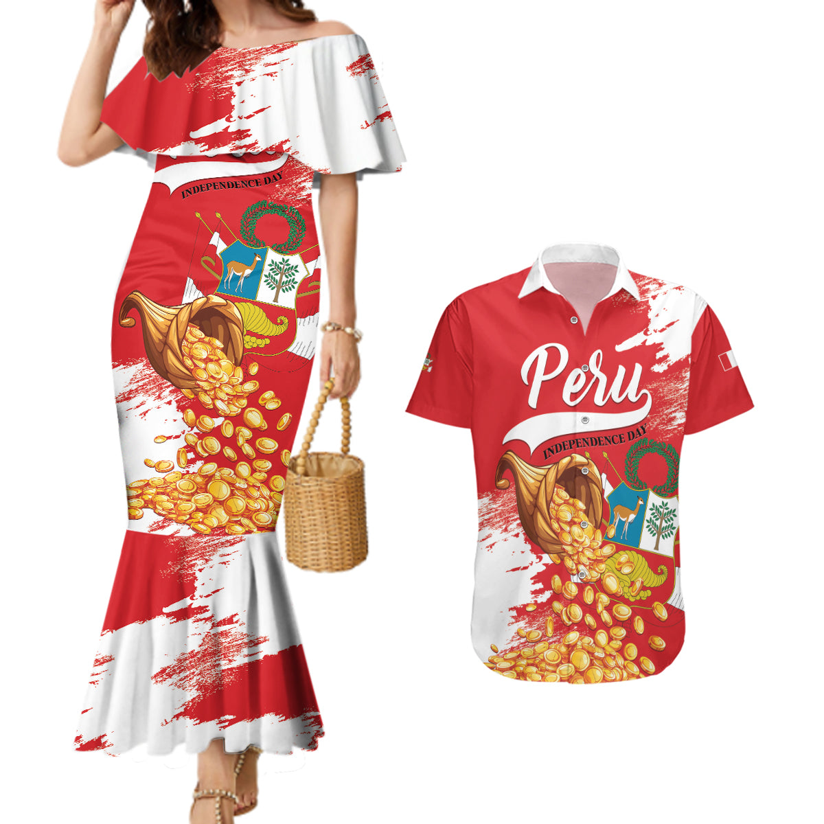 Peru Independence Day Couples Matching Mermaid Dress and Hawaiian Shirt Feliz 28 de Julio Felices Fiestas Patrias - Wonder Print Shop