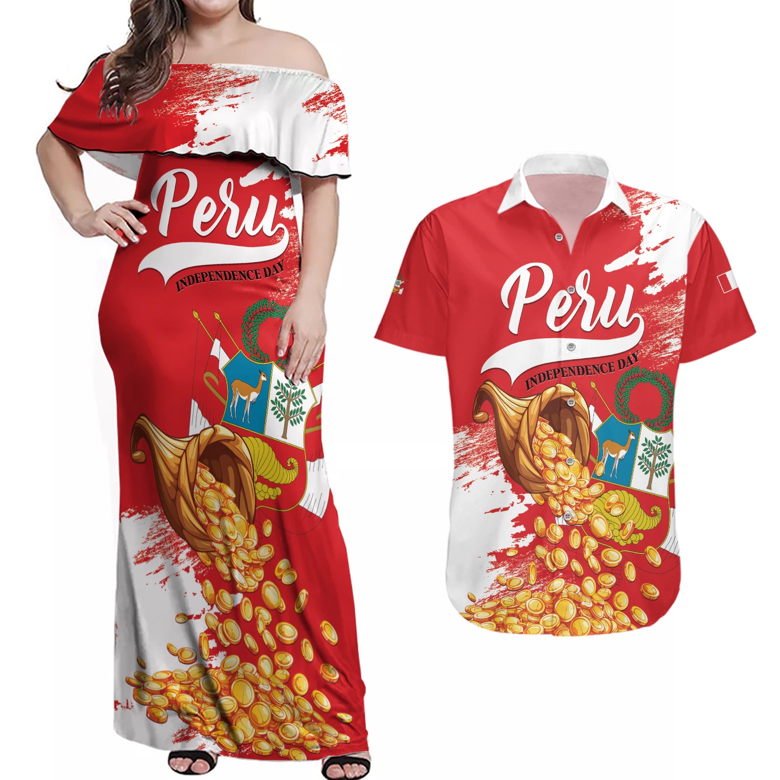 Peru Independence Day Couples Matching Off Shoulder Maxi Dress and Hawaiian Shirt Feliz 28 de Julio Felices Fiestas Patrias - Wonder Print Shop