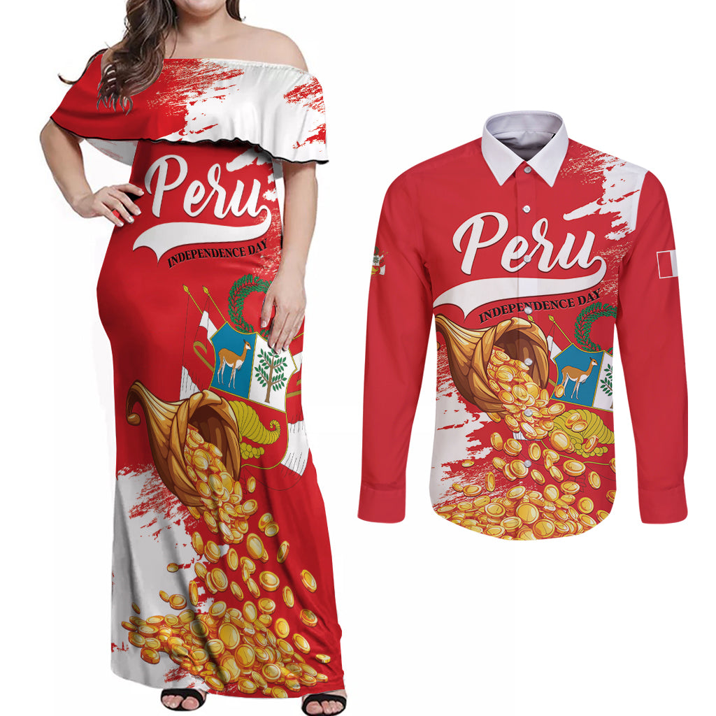 Peru Independence Day Couples Matching Off Shoulder Maxi Dress and Long Sleeve Button Shirt Feliz 28 de Julio Felices Fiestas Patrias - Wonder Print Shop