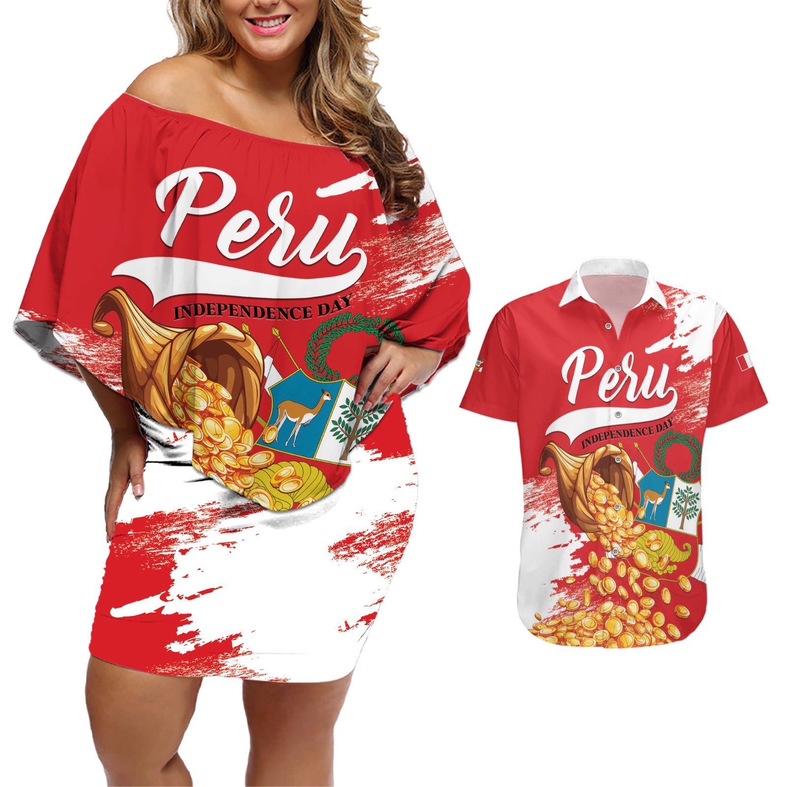 Peru Independence Day Couples Matching Off Shoulder Short Dress and Hawaiian Shirt Feliz 28 de Julio Felices Fiestas Patrias - Wonder Print Shop