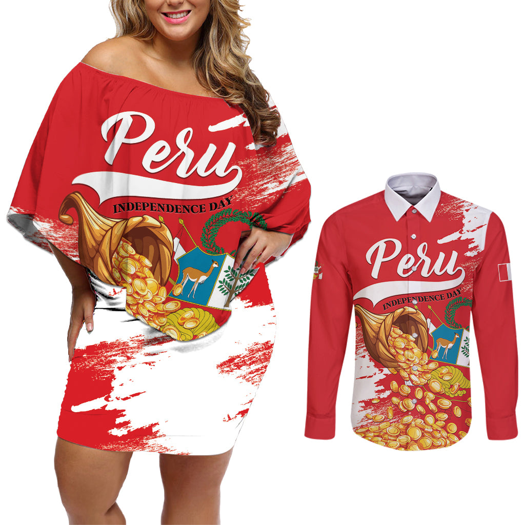 Peru Independence Day Couples Matching Off Shoulder Short Dress and Long Sleeve Button Shirt Feliz 28 de Julio Felices Fiestas Patrias - Wonder Print Shop