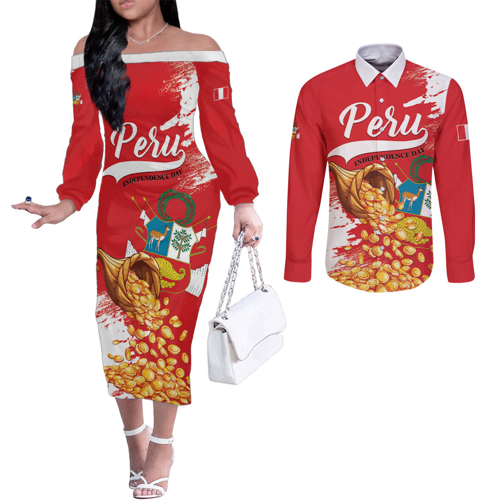 Peru Independence Day Couples Matching Off The Shoulder Long Sleeve Dress and Long Sleeve Button Shirt Feliz 28 de Julio Felices Fiestas Patrias