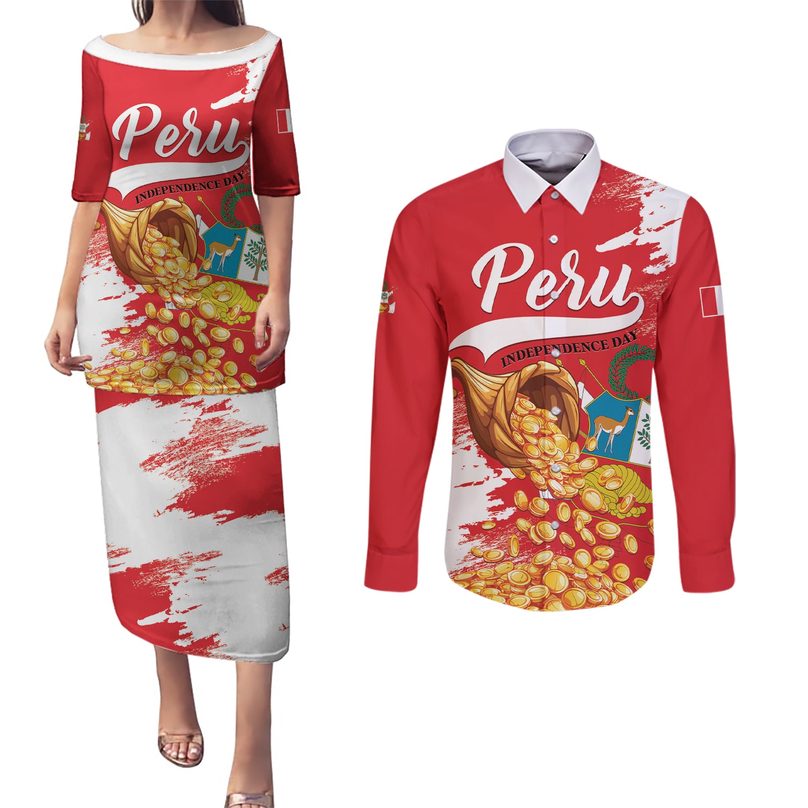 Peru Independence Day Couples Matching Puletasi and Long Sleeve Button Shirt Feliz 28 de Julio Felices Fiestas Patrias - Wonder Print Shop