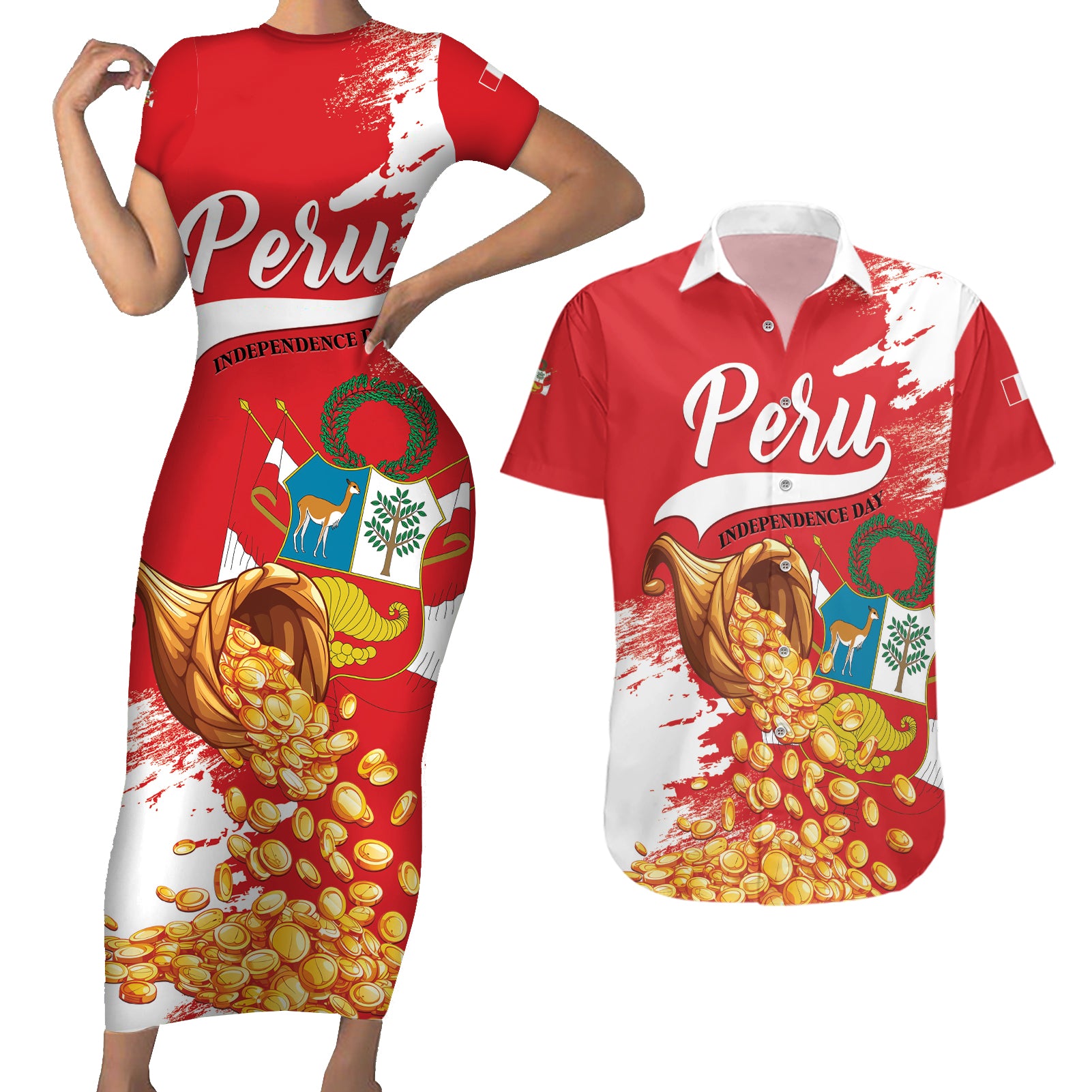 Peru Independence Day Couples Matching Short Sleeve Bodycon Dress and Hawaiian Shirt Feliz 28 de Julio Felices Fiestas Patrias - Wonder Print Shop