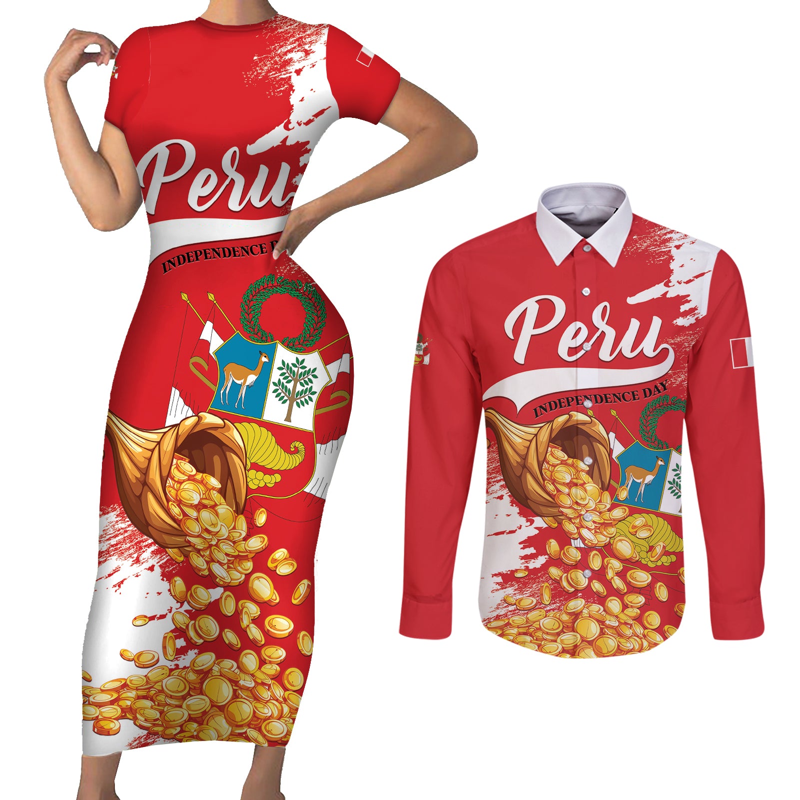 Peru Independence Day Couples Matching Short Sleeve Bodycon Dress and Long Sleeve Button Shirt Feliz 28 de Julio Felices Fiestas Patrias - Wonder Print Shop