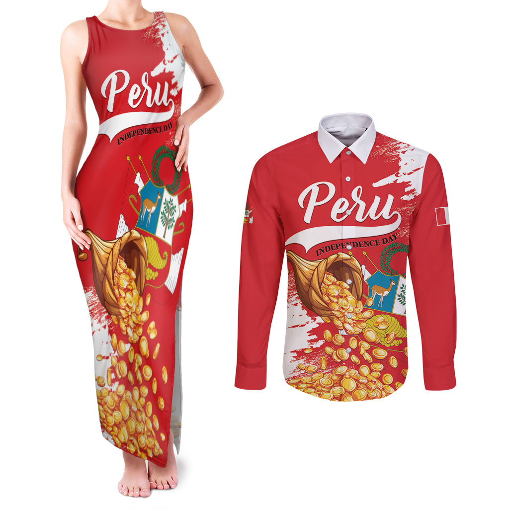 Peru Independence Day Couples Matching Tank Maxi Dress and Long Sleeve Button Shirt Feliz 28 de Julio Felices Fiestas Patrias - Wonder Print Shop