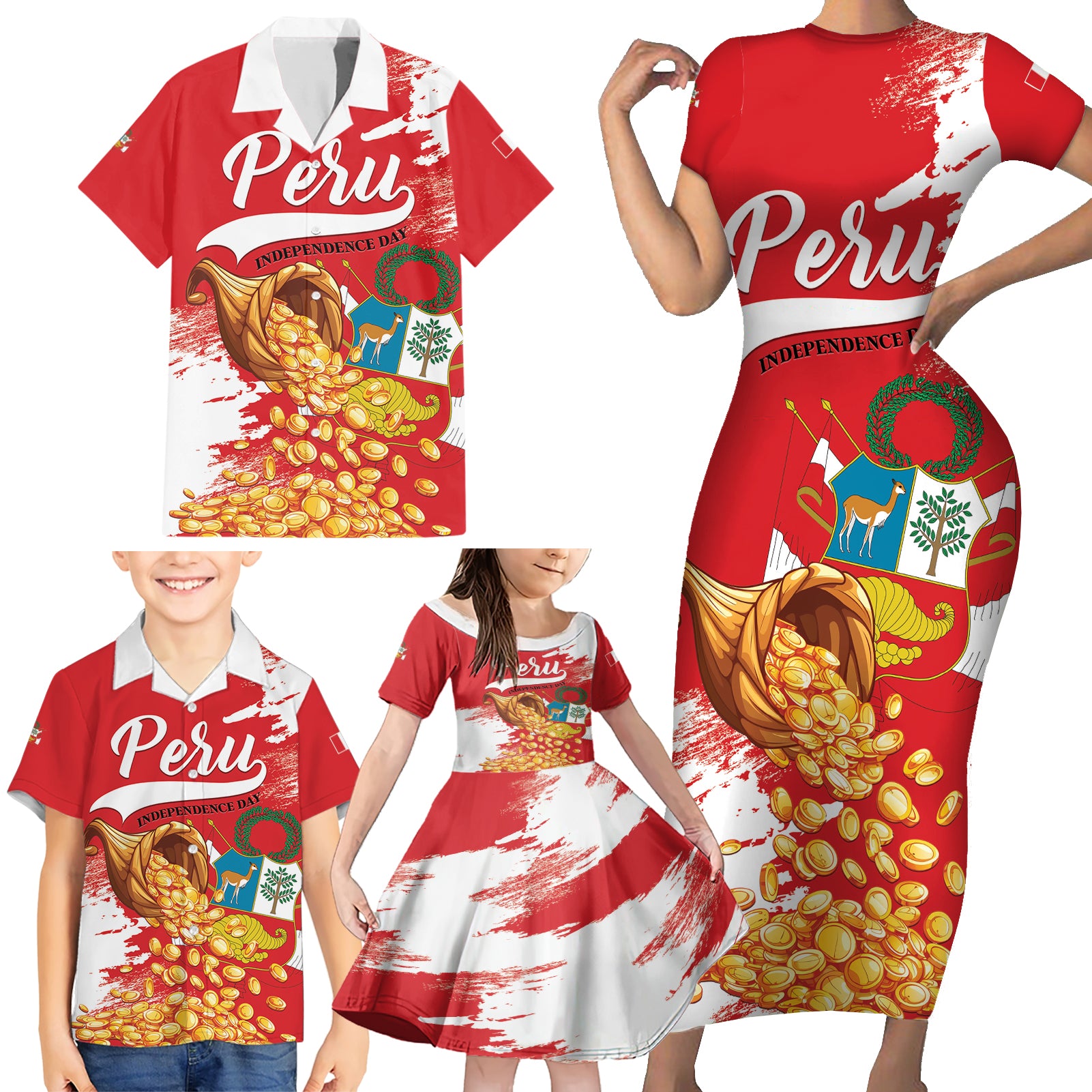 Peru Independence Day Family Matching Short Sleeve Bodycon Dress and Hawaiian Shirt Feliz 28 de Julio Felices Fiestas Patrias - Wonder Print Shop