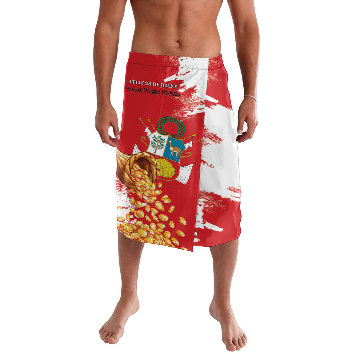 Red and white printed wrap skirt (lavalava) with Peru emblem and patriotic graphics