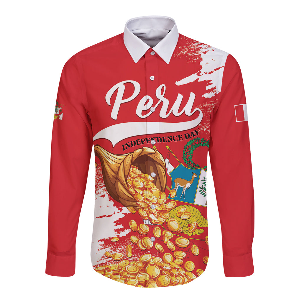 Red long-sleeve button shirt with white collar, Peru print, and Independence Day coin graphic